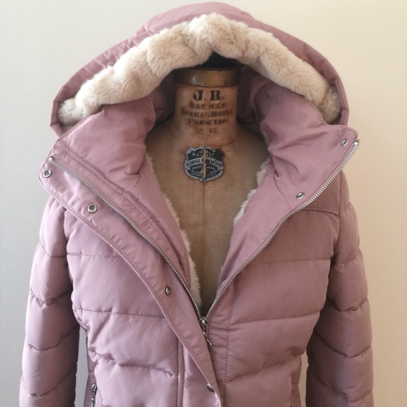 Nude rose puffer coat jacket faux fur lined - Picture 1 of 11